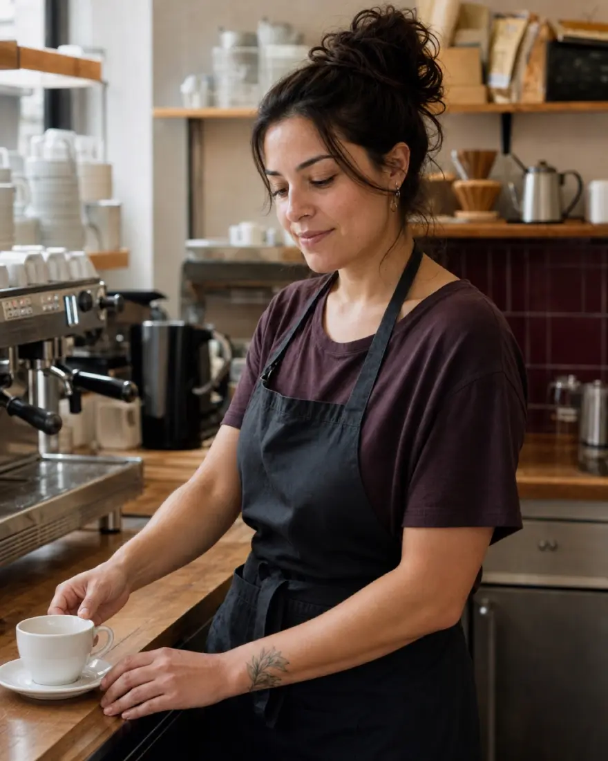 Barista sirviendo un café en la barra. Imagen de demostración.