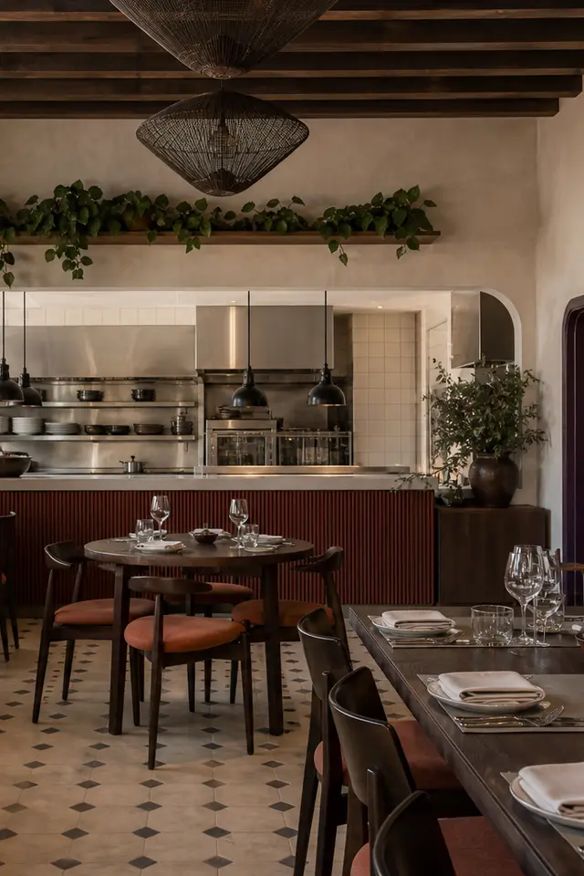 Sala de un restaurante de barrio entre servicios. Imagen de demostración.